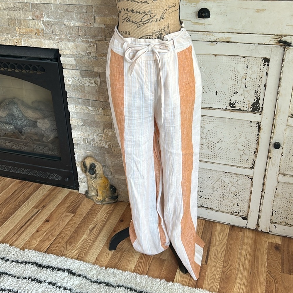 Ett:twa by Anthropologie orange stripe tie waist zip close 100% linen pants - Picture 5 of 16